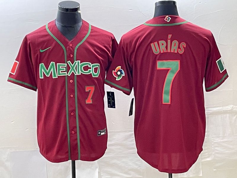 Men 2023 World Cub Mexico 7 Urias Red green Nike MLB Jersey3